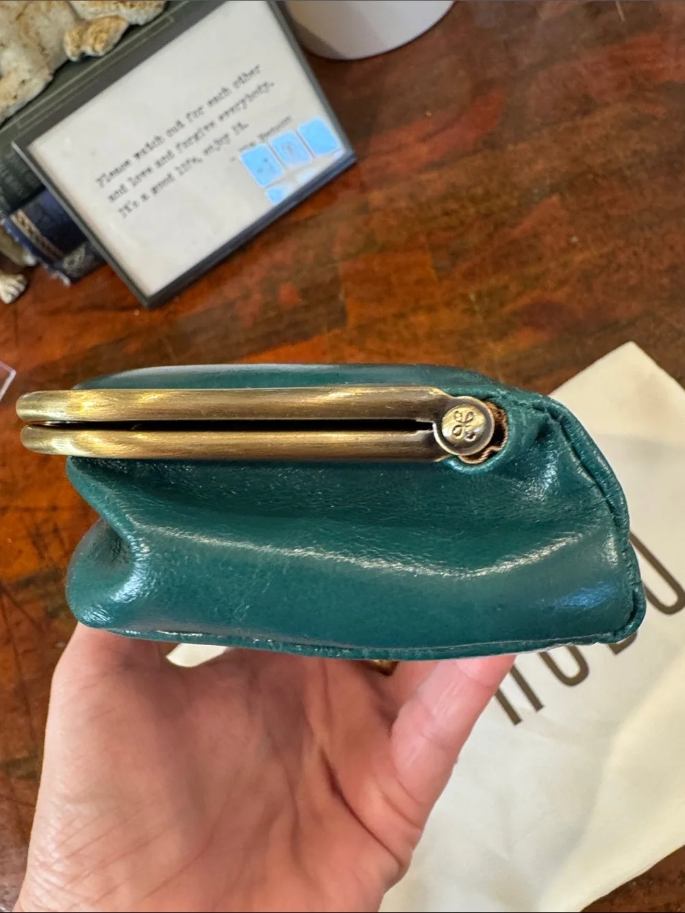 HOBO Teal Kiss-Lock Leather Clutch with Gold-Tone Frame